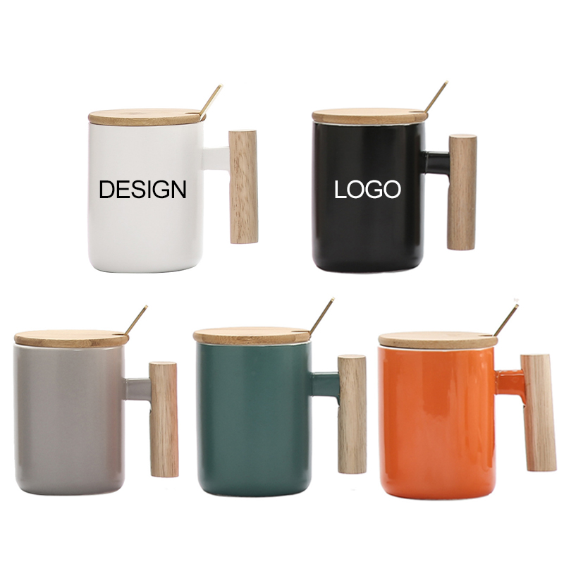 Ceramic Mug With Wooden Handle Lid and Spoon 